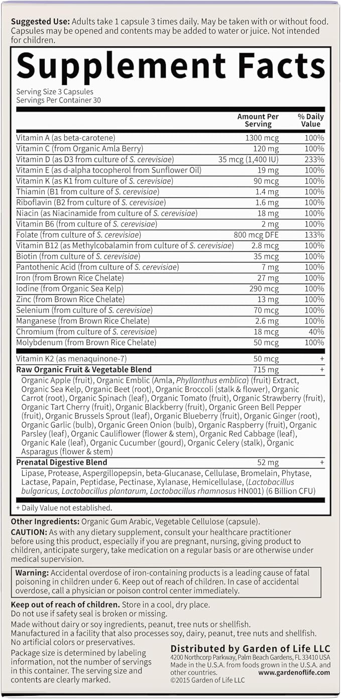 Garden of Life Vitamin Code Raw Prenatal Multivitamin for Women with Iron, Folate, Probiotics and Whole Food Nutrients - Immune and Cellular Energy Support, Non-GMO, Gluten-Free, Kosher, 30 Day Supply