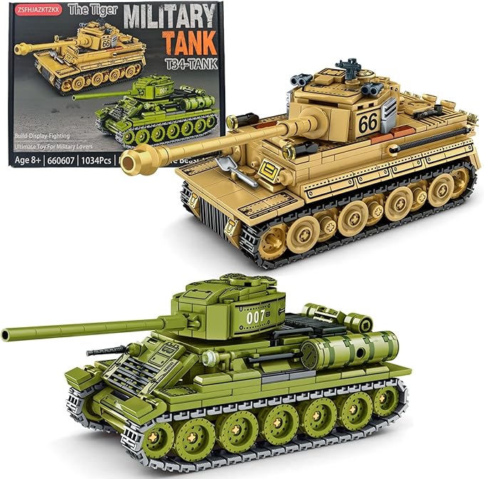 WW2 Tank Building Blocks Set – German Tiger and Soviet T-34 Army Tank Military Model Kits, Toy Gifts for Boys and Men Collectors
