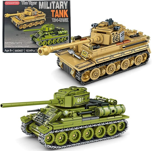 WW2 Tank Building Blocks Set – German Tiger and Soviet T-34 Army Tank Military Model Kits, Toy Gifts for Boys and Men Collectors