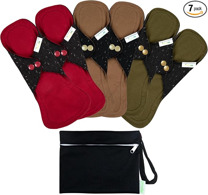 wegreeco 6 Pcs Reusable Menstrual Pads, Ultra Absorbent Cloth Pads for Heavy Flow, Sanitary for Teens, Women, Nonslip Panty Liners + Bag (Aqua, Burgundy, Coffee, S)
