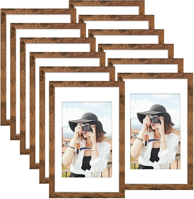 Picrit 11x17 Picture Frame Set of 12, Display 8x12 with Mat or 11x17 without Mat, Photo Frames for Wall Mounting Display, Brown