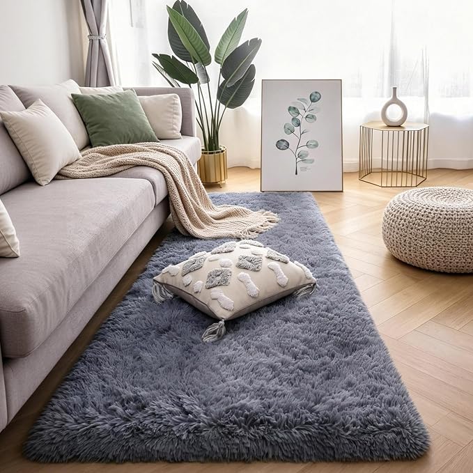 KICHOWUA Grey Fluffy Shag Rug 2x6, 2 Pcs Soft Plush Fuzzy Washable Non Slip | Modern cozy furry shaggy carpet for bedroom, living room, kids room, nursery, dorm, boys and girls