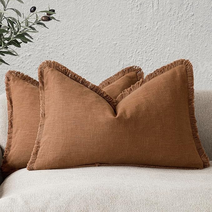 Foindtower Set of 2 Decorative Linen Fringe Lumbar Throw Pillow Covers Farmhouse Cushion Cover with Tassels Soft Accent Pillowcase for Couch Sofa Bed Living Room Home Decor,12×20 Inch,Orange Brown