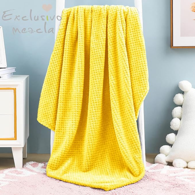 Exclusivo Mezcla Waffle Fleece Throw Blanket for Couch, Yellow | Lightweight Soft Blanket for Sofa, Bed, Living Room, Plush Fluffy Throw for Home Decor, Travel, All Season, 40x50 Inches