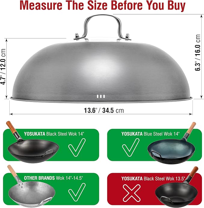 YOSUKATA Carbon Steel Wok Pan - 14 “ Woks and Stir Fry Pans With Lid 13.6 Inch - Premium Stainless Cover with Tempered Glass Insert Steam Holes +17’’ Spatula and Ladle