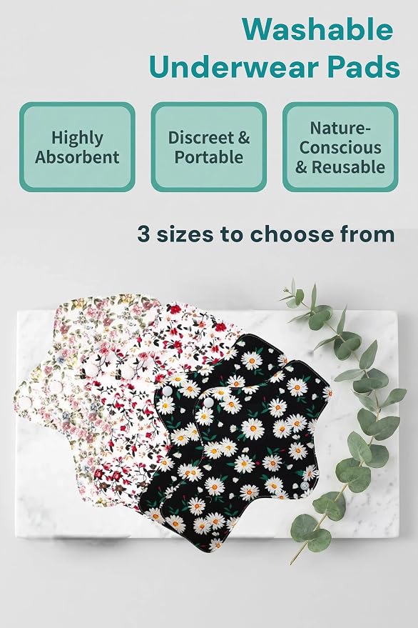 Washable Menstrual Pads,Reusable Incontinence Pads,Panty Liners Pads,Period Pads Sanitary Napkins,with 1 Storage Bag,for Women Postpartum/Incontinence Patients(Cotton Blue flower/M/6pcs)