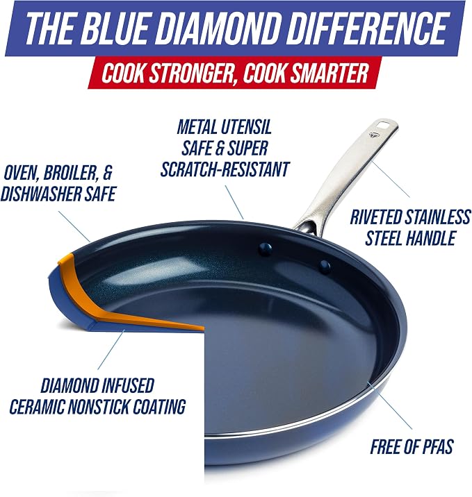 Blue Diamond 14" Diamond Infused Ceramic Nonstick Frying Pan Skillet | PFAS-Free Ceramic Nonstick Jumbo Pan with Helper Handle, Dishwasher & Oven Safe, Durable Metal Utensil Safe, Egg Pan, Blue