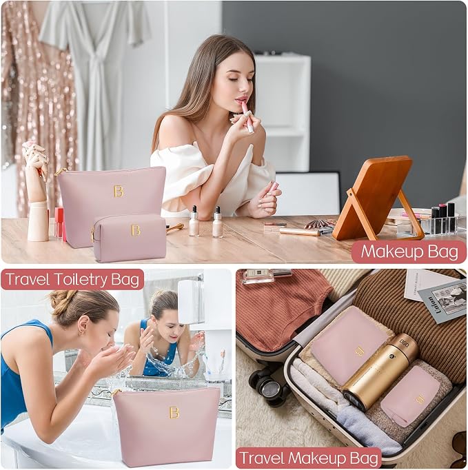 Women Gifts | Initial Makeup Bag for Girl Personalized Gifts for Bridesmaid Friend PU Leather Cosmetic Travel Toiletry Bag(Pink,B)