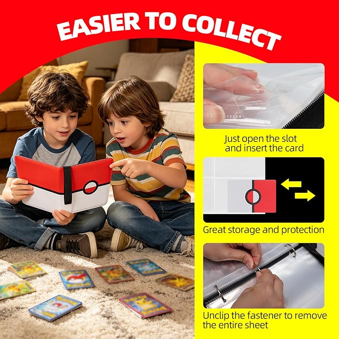 Collectible Trading Card Albums,4 Pocket Card Binder, 400 Double Sided Pocket,PU Premium Zip Trading Card Binder for TCG, MTG,Sports Cards (White& Yellow& Red)