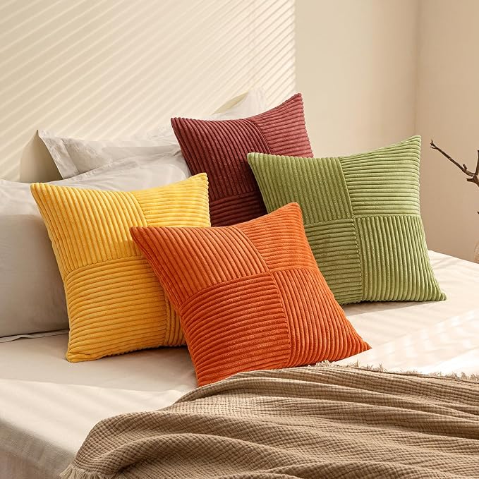 MIULEE Fall Yellow Orange Rust Throw Pillow Covers 20x20 Inch 4 Packs Boho Farmhouse Decorative Color-Clash Pillow Cases Soft Cushion Cases for Couch Sofa Bed Corduroy Striped Home Decor