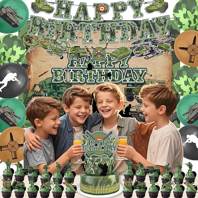43Pcs Army Birthday Party Decorations Military Supplies Includes Soldier Balloons- Banner-Cake Topper-Cupcake Toppers-Army Soldier Backdrop for Camo Birthday Party Decorations