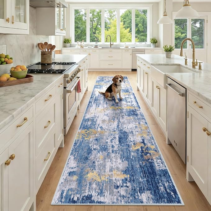 RELEANY Washable Runner 2'6"x10' Abstract Area Rug for Hallway Blue Gold | carpet for kitchen, entryway, bathroom, living room, bedroom, printed pattern, non-slip, soft, stain-resistant, easy to clean