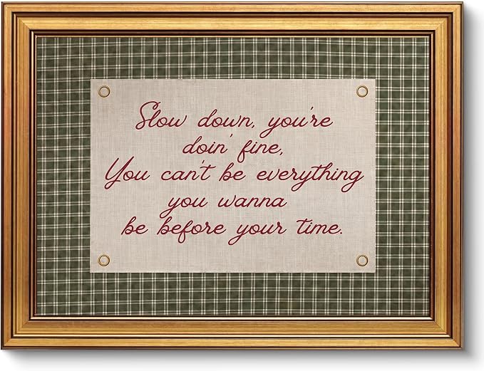Vintage Gold Framed Wall Art, Slow Down You're Doing Fine Quote, 16x24 in | Green plaid canvas print, retro song lyric decor, daily reminder for bedroom, living room, office, dorm, or entryway