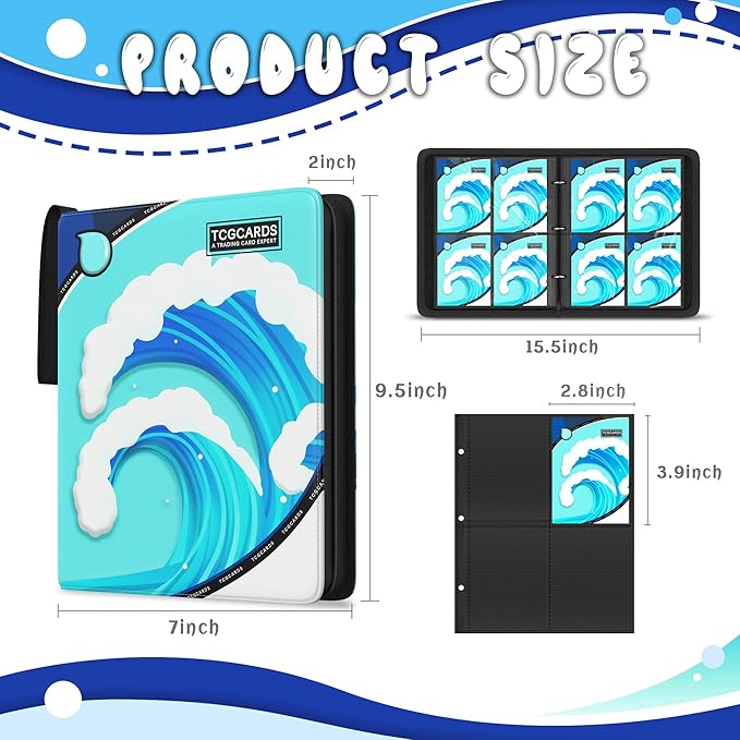 Trading Card Binder 4 Pocket,Card Binder 400 Pockets,Card Book Holder Cards with 50 Removable Sleeves,3-Ring Zip Design MTG/TCG/Sport Collectible Trading Card Albums Gifts for Boys and Girls(Water)