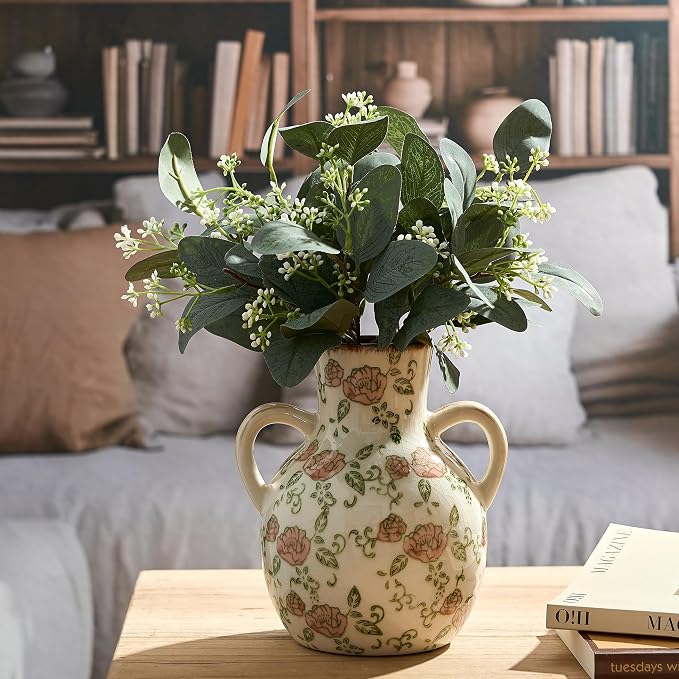 SIDUCAL Ceramic Vintage Pastoral Vase with Handles, 7 Inch Chinoiserie Floral Vase, Retro Ice Cracked Rustic Farmhouse Vases for Home Decor, Living Room, Bookshelf, Office, Tuscan Decor, Red Rose