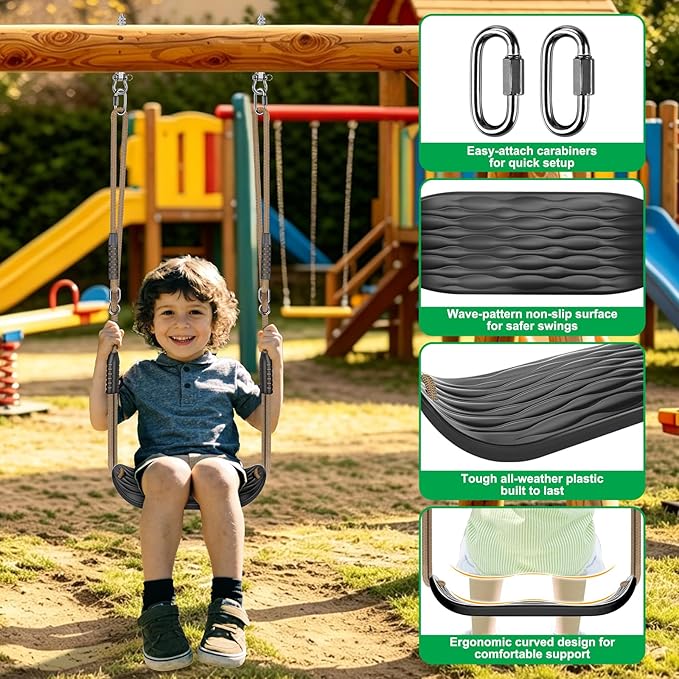 SELEWARE Plastic Swing Seat, Non-Slip Tree Swing for Kids & Adults, Heavy Duty Playground Swing Set Accessories with Adjustable Ropes, Comfortable U-Shape Swing for Indoor/Outdoor Backyard, Black