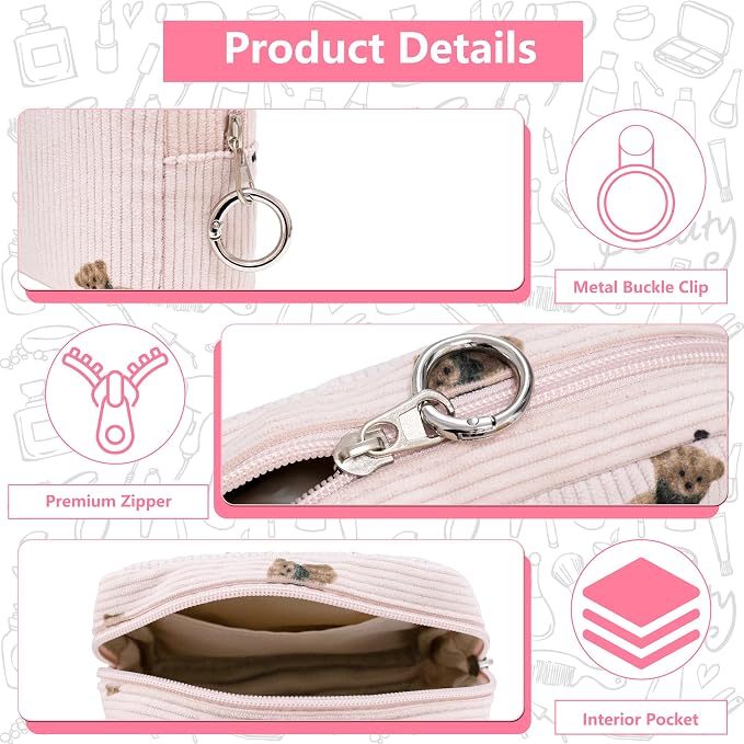 Period Bag for Girls, Corduroy Period Kit with Sanitary Pad Pouch, Menstrual Storage Bag and Tampon Holder for Purse, Girls School Essentials,Feminine Care Organizer(Pink Bear)