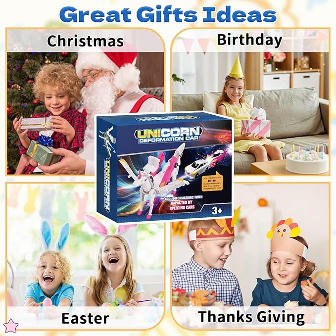 Unicorn Collision Transforming Cars Toy for Girls Boys, 2 Magnetic Cars Transform into Magical Unicorn Collision Transforming Robot Cars Toy Deformation Christmas Birthday Gifts for Kids Blue