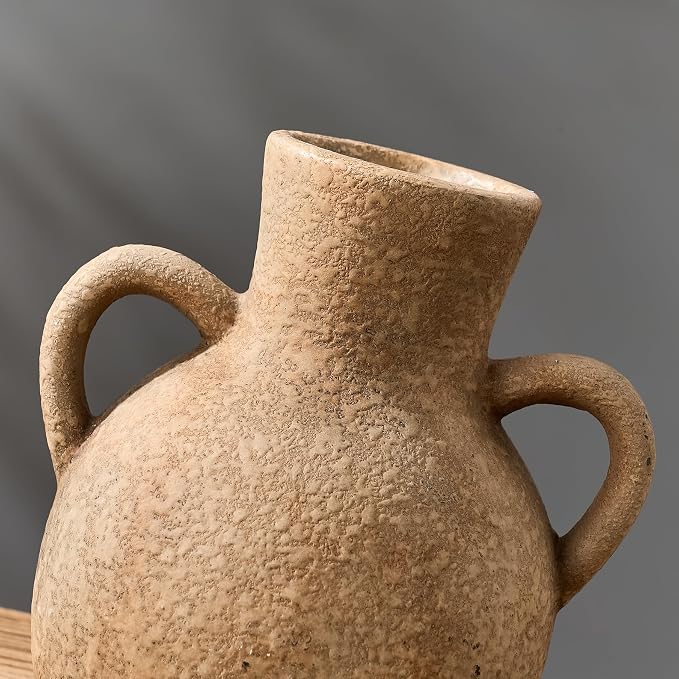 SIDUCAL Rustic Ceramic Farmhouse Flower Vase with 2 Handles, Terracotta Vase, Decorative Pottery Flower for Home Decor, Table, Wedding, Living Room, Shelf Decor, 7.3 Inch, Brown
