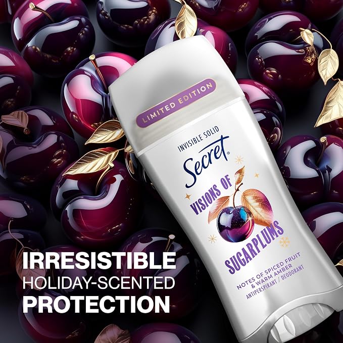 Secret Fresh Antiperspirant Deodorant for Women, 72hr Breathable Odor Protection with Pro-Hyaluronic Acid, Holiday Invisible Solid, Visions of Sugarplums with Spiced Fruit & Warm Amber Scent, 2.6 oz