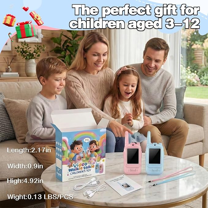 Kids Video Walkie Talkies, Pair of 2 with 300M Range, Portable Handheld Video Call Toy for Ages 3-12, for Christmas, Birthday, Outdoor Camping（Blue+Pink）
