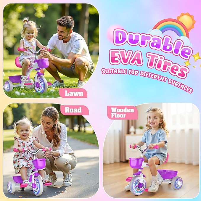 Toddler Tricycle for 1-3 3-5 Year Olds, 2 3 4 5 Year Old Girl Birthday Gifts, Toddler Baby Bike, Outdoor Riding Toys for Ages 2-4, 4-Level Adjustable Seat, 3 Color Light Wheels, 2 Baskets