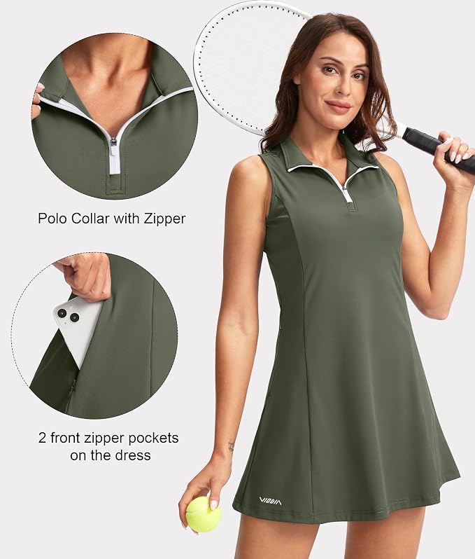 Viodia Women's Tennis Golf Dress with Shorts | Active, Exercise, Workout, Sports, Athletic, Dresses for Women, with Zipper Pockets