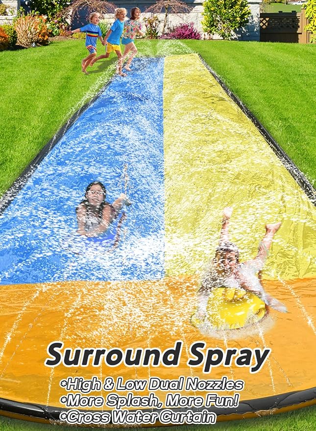 Slip and Water Slip,Water Slide for Kids Backyard 22ft*2 Lane Color-Block,Surrounding Sprinkler Summer Toys for Kids Outdoor with 2 Bodyboards
