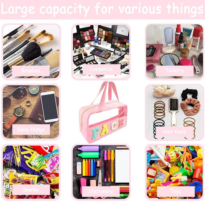 Bunliuys Chenille Letter Clear Makeup Bag Face Patch, Travel Toiletry Makeup Bag with Handle, Nylon Waterproof Makeup Bags clear cosmetic bag, preppy patch makeup bag for Women (FACE-Pink)