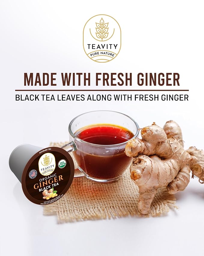 Organic Ginger Tea Pods for Keurig with Unsweet Black Tea for K Cup Brewing - Ginger Black Tea by Teavity (24 Tea Pods)