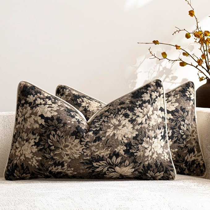 Pack of 2 Vintage Floral Pillow Covers 12x20 Boho Farmhouse Accents Chenille Rectangular Lumbar Decorative Throw Pillow Cases for Living Room Couch Bed Home Decor, Taupe