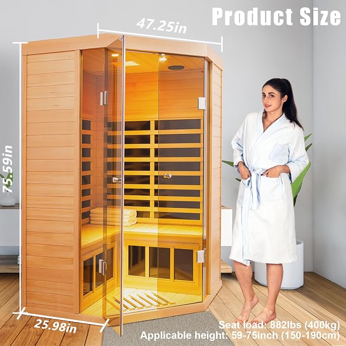 2 Person Far Infrared Sauna 0-5mG Ultra Low EMF 1520W Indoor Sauna Canadian Hemlock Wood Sauna for Home with APP Control, LCD Control Panel, Chromotherapy Lights, Constant Temperature Cover