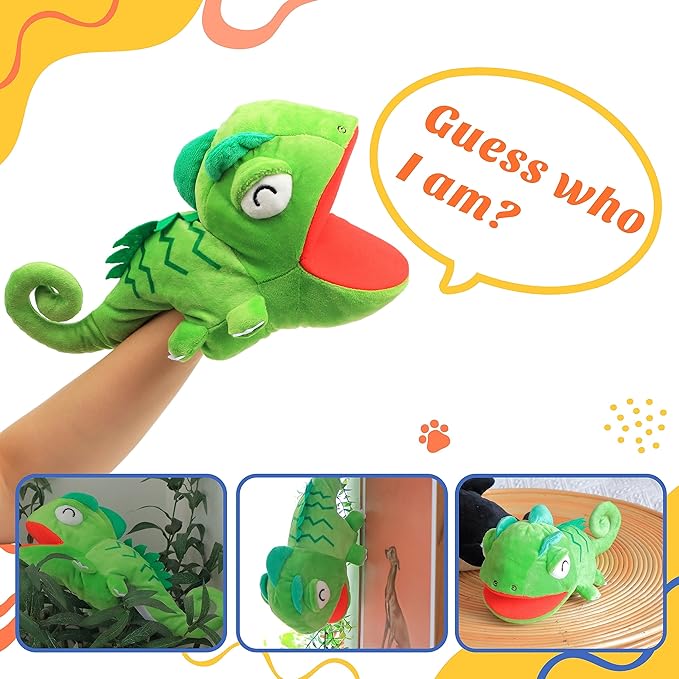 Cuteoy Plush Chameleon Hand Puppet Stuffed Animal Toy Open Movable Mouth Creative Role Play Storytelling Dinosaur Plushies Gifts for Kids Toddlers Birthday Christmas