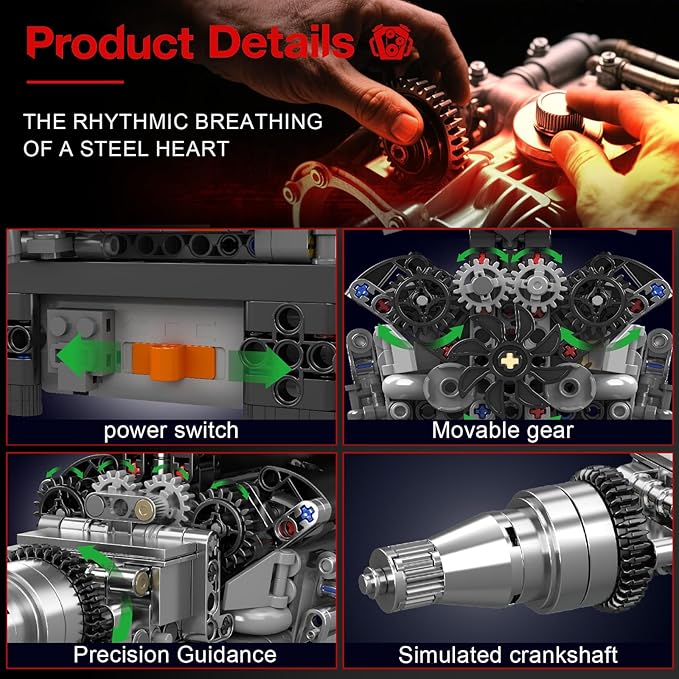 Sosuy RR V12 Motorized Engine Building Block Kit, Electric Motor Drive, Ultra‑Realistic Working Replica Model 733Pcs, STEM Educational Engines Toy Birthday Christmas for Boy Kid Adult 14+