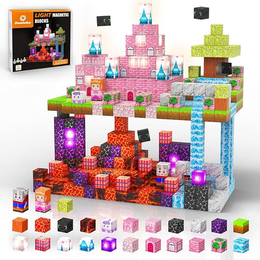 100PCS Magnetic Blocks with Light Up for Kids, 1-inch Rechargeable Magnet Construction Tiles with Princess Castle Theme, Building Toy Birthday Gifts for Boys Girls Age 3+ Years Old