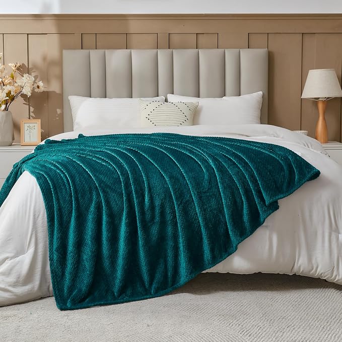 NEWCOSPLAY Fleece Leaves Pattern Queen Blanket, Dark Teal, 90"x90" | Super Soft Throw Blanket, Lightweight Cozy Bed Sofa Blanket, Premium Silky Flannel Fleece, Travel Blanket for All Season Use