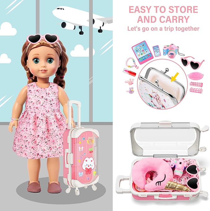 Doll Suitcase Travel Set, 18 inch Doll Clothes and Accessories - 28 Pcs Travel Pillow, Unicorn Bag, Sunglasses, Camera, Computer, Phone, Passport, Birthday Gift for Age 3 4 5 6 Year Old Girls