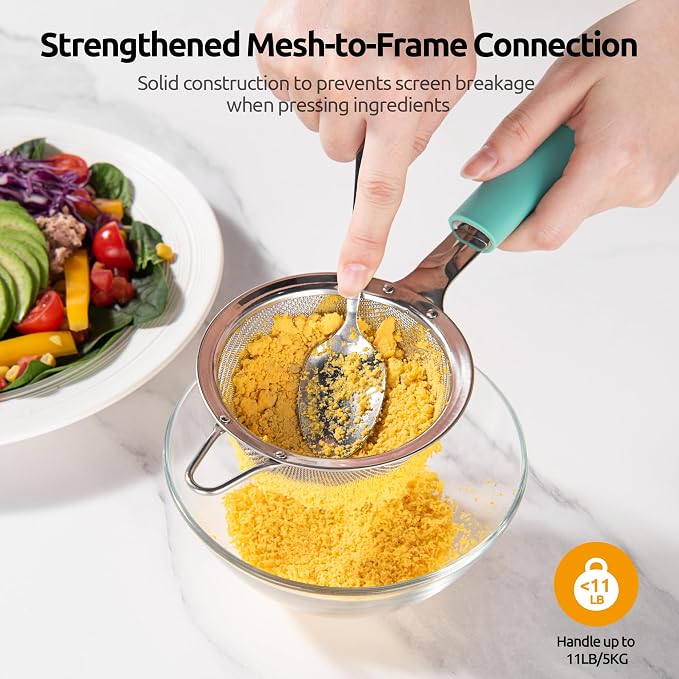 U-Taste Small Fine Mesh Strainer: 18/8 Stainless Steel 3.35in 30 Mesh Kitchen Food Sieve with Sturdy Riveted Silicone Handle, Heavy Duty Deep Handheld Metal Colander for Tea, Juice (Aqua Sky)