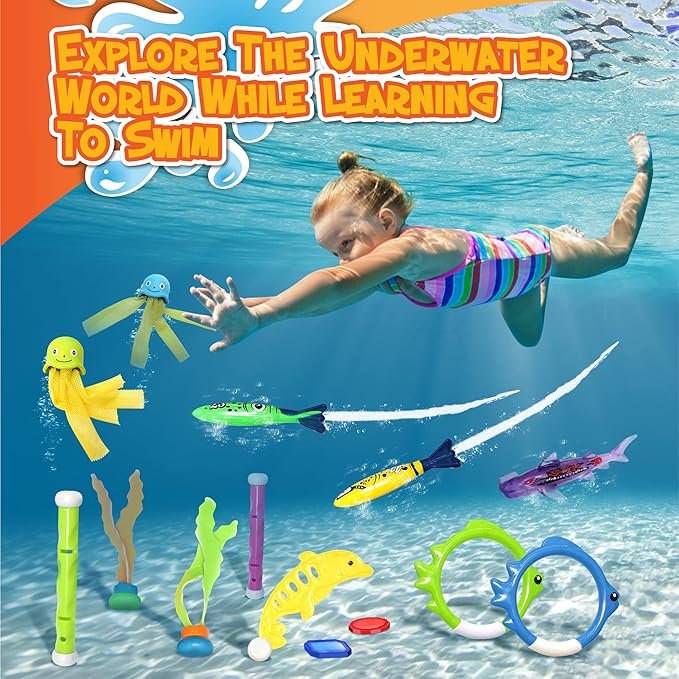 Chuchik 30 Pcs Diving Toys, Swimming Pool Toys for Kids Ages 4-8 8-12 with a Storage Net Bag. Pool Dive Toys for Kids. Pool Games, Swim Summer Water Toys. Include Diving Sticks & Pool Rings