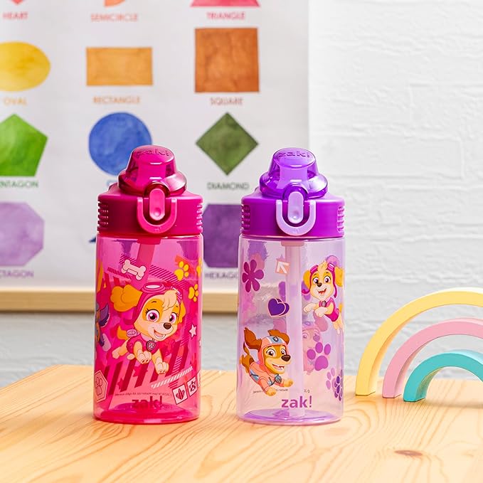 Zak Designs PAW Patrol Sage Kids Water Bottle For School or Travel, 16oz Durable Plastic Water Bottle With Straw, Handle, and Leak-Proof, Pop-Up Spout Cover, 2-Pack Set (Skye & Friends)