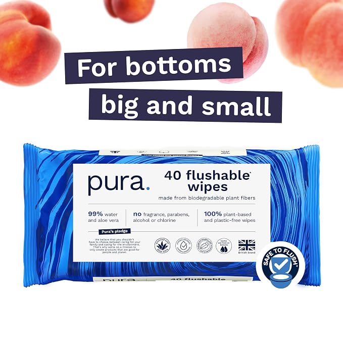Pura XL Flushable Adult Wipes Unscented Extra Large Wet Wipes with Aloe Vera & 99% Water, Sensitive Skin, 4 Pack of 40 (160 Wipes), Personal Hygiene Toilet