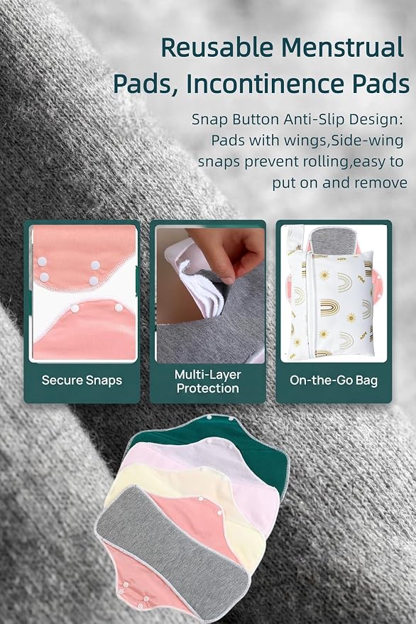 Reusable Incontinence Pads,Graphene Pads Sanitary Napkins,Washable Menstrual Pads,with 1 Storage Bag,Panty Liners Pads Period for Women/Postpartum/Incontinence Patients(Colorful/L/5pcs)