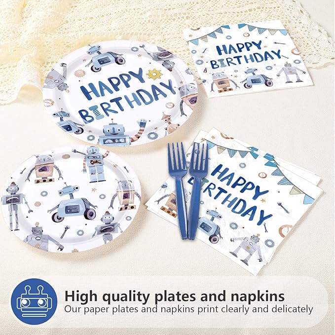 96Pcs Robot Birthday Party Decorations Happy Robot Birthday Plates and Napkins Tableware Set Blue Robots Shape Themed Decorations Favors for Boys Kids Baby Shower Gender Reveal Supplies Serves 24