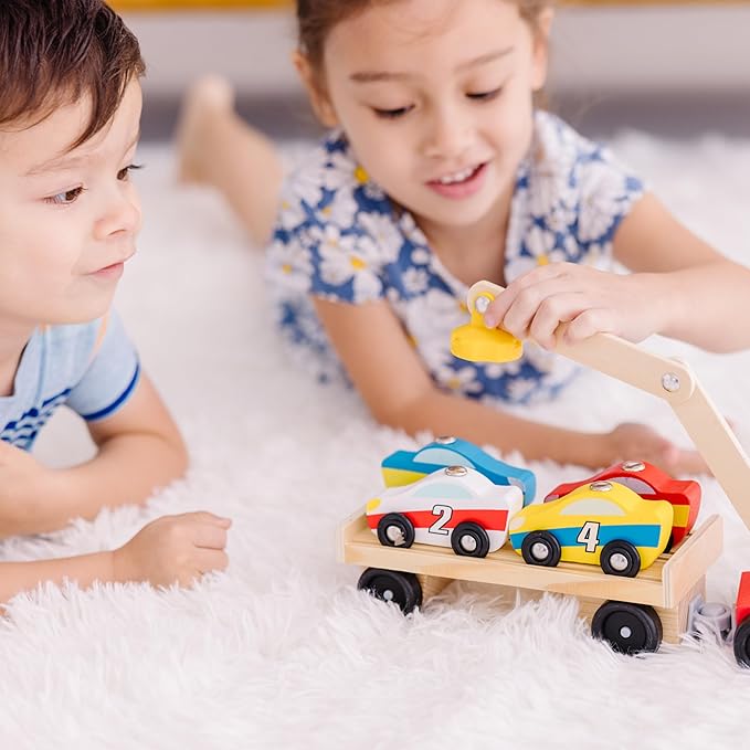 Melissa & Doug Magnetic Car Loader Wooden Toy Set with 4 Cars and Toy Truck - Pretend Play and Race Car Fun for Preschool Toys, Ages 3+