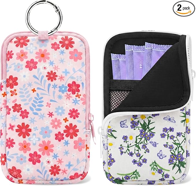 2 Pack Portable Tampon Holder Zippered Pouch with Snap Hook, Waterproof Travel-Friendly Discreet Period Bag, Feminine Products Organizer for Women Purse (Floral)