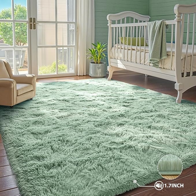 4x6 Rug Sage Green Area Rugs for Nursery Bedroom, Plush Soft Grass Fluffy Living Room Carpet for Kids Teens Home Decor Aesthetic