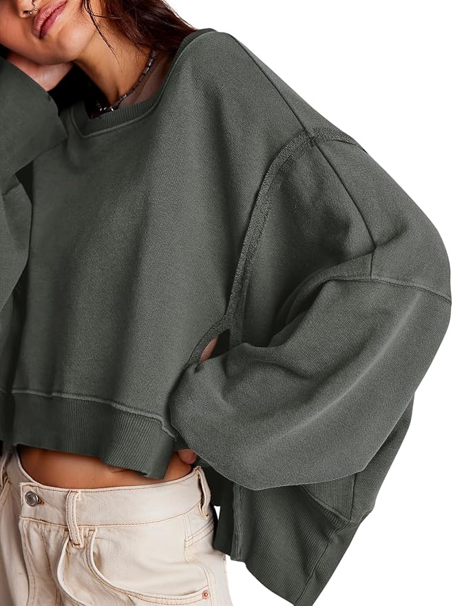 Zwurew Womens Casual Sweatshirt Cropped Shirts | Loose Fit, Tee Top, Pullover, Crop Hem, Design Trim, Daily Tops