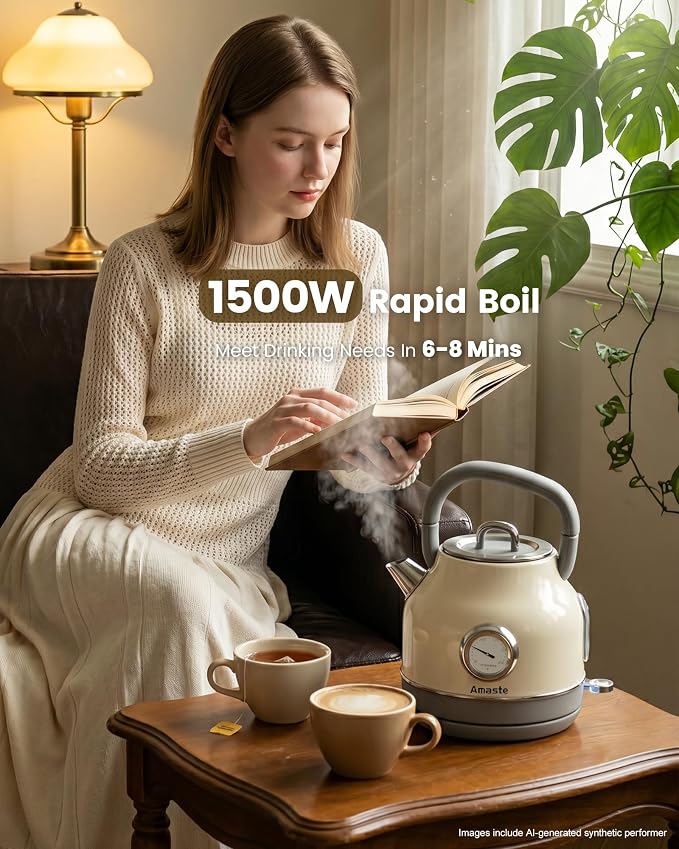 Amaste Electric Kettle, Retro Electric Tea Kettle With Thermometer, 57 Oz Hot Water Kettle For Coffee & Tea, 304 Stainless Steel, 1500w Fast Boiling, Auto Shut-Off & Boil Dry Protection, Cream White