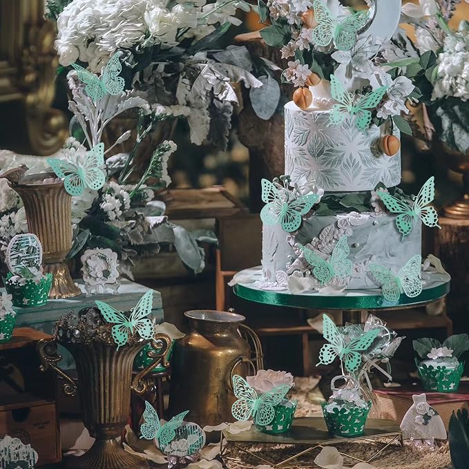 SAOROPEB 3D Butterfly Wall Decor 48 Pcs Pale Turquoise Butterfly Decoration | 4 Styles 3 Sizes, Birthday Decorations&Butterfly Party Decorations&Butterfly Cake Decorations-Removable