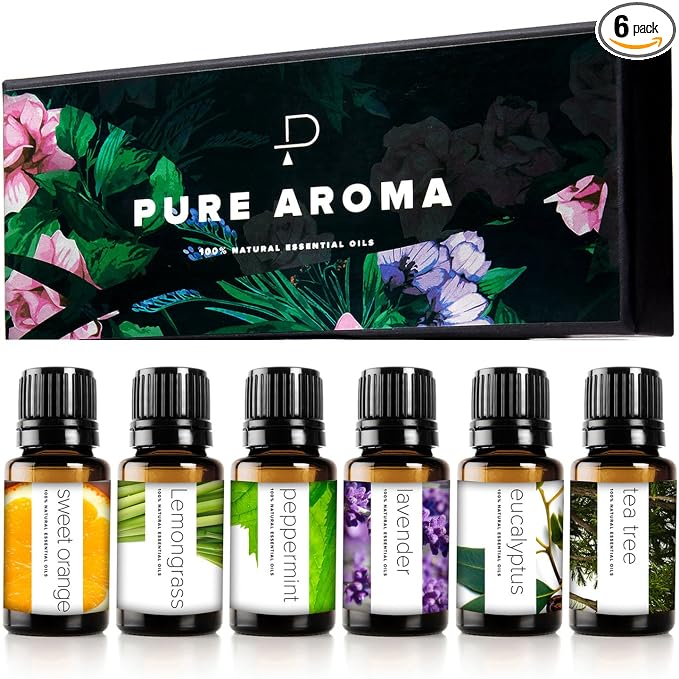 Essential Oils Set by Pure Aroma - Top 6 Aromatherapy Oils Gift Set-6 Pack, 10ml (Eucalyptus, Lavender, Lemongrass, Sweet Orange, Peppermint, Tea Tree)